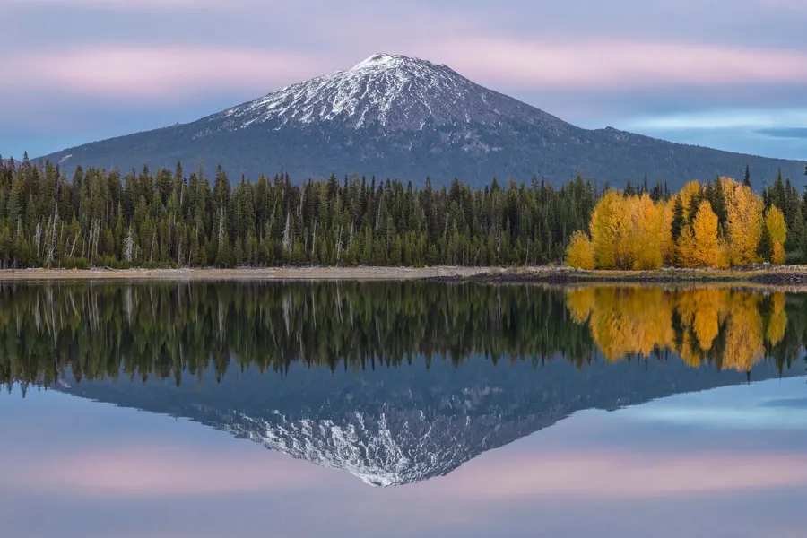 Mt. Bachelor reflected in Elk Lake at sunset