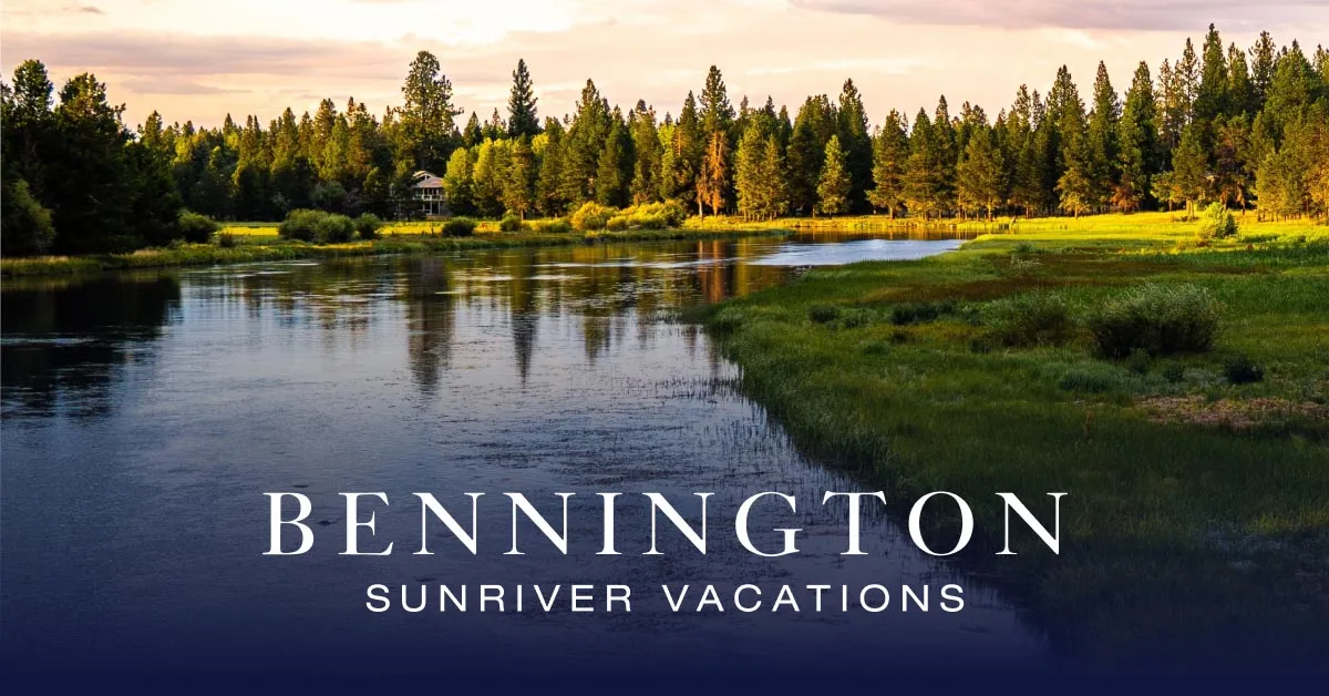 A Sunriver meadow and pond at sunset, from Bennington Properties