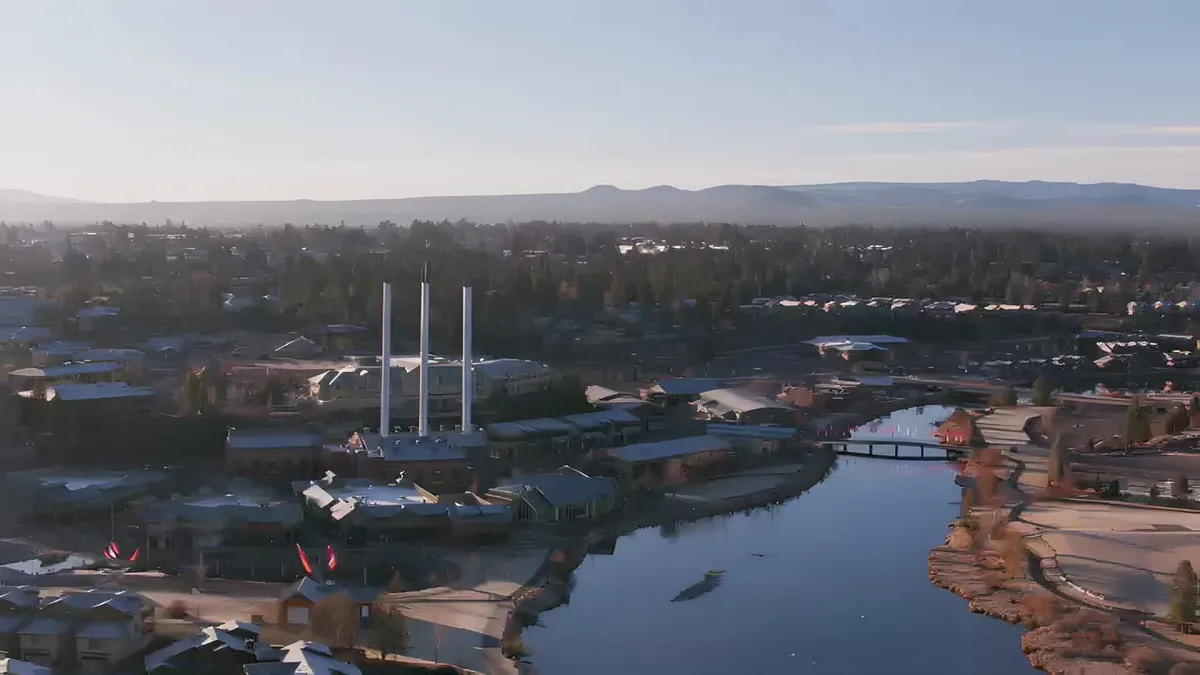 Aerial view of the Old Mill District and the Deschutes River in Bend, from Deschutes Property Management