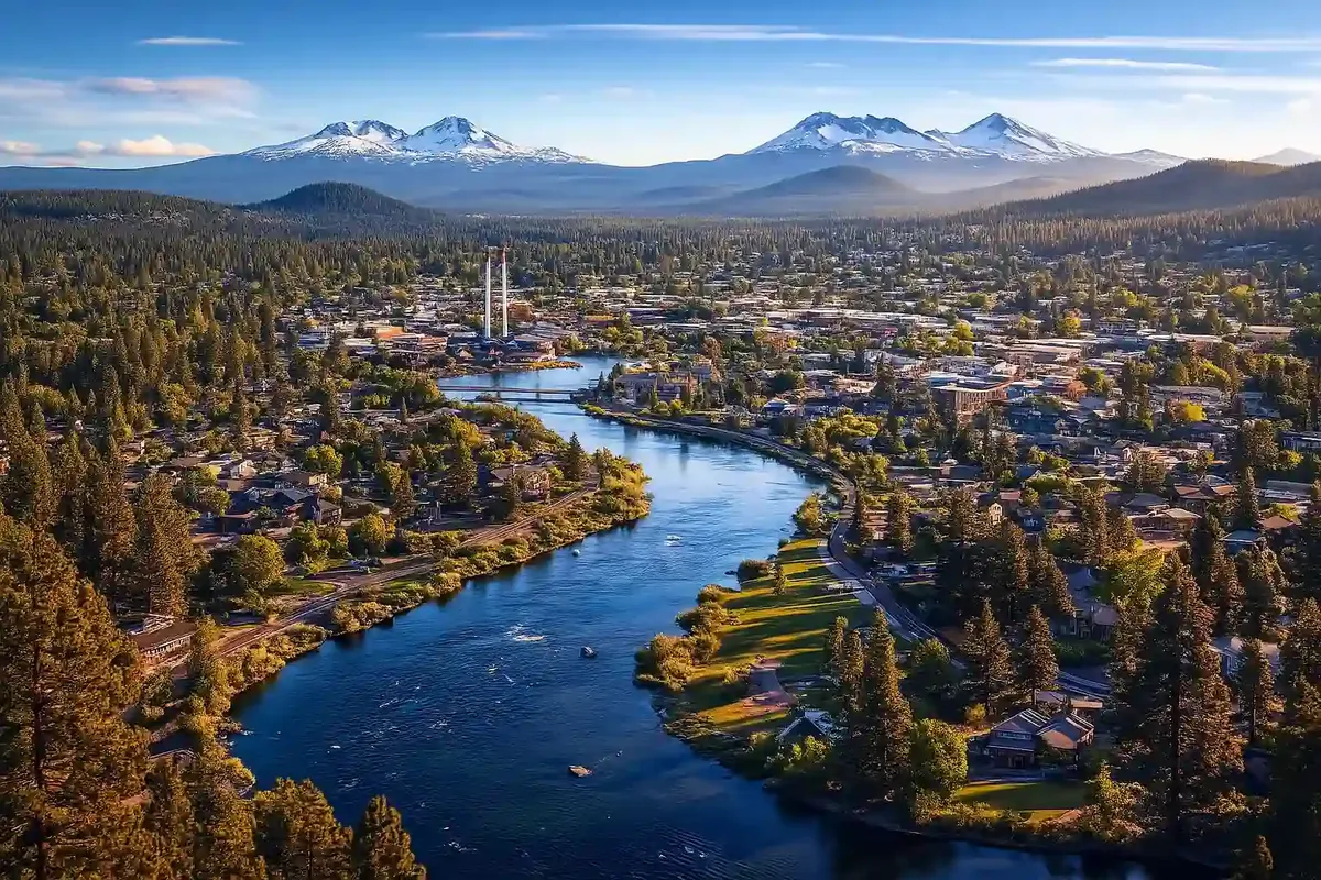 Aerial view of Bend and the Deschutes River with the Cascades behind, from Legacy Property Management