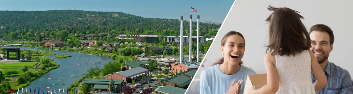 Bend riverfront and a happy family, from Real Property Management Ignite
