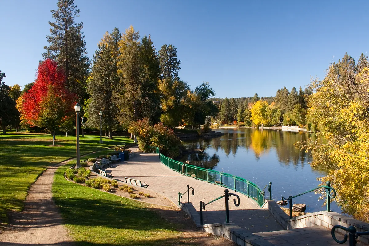 Drake Park and Mirror Pond in Bend in the fall, from Utopia Management