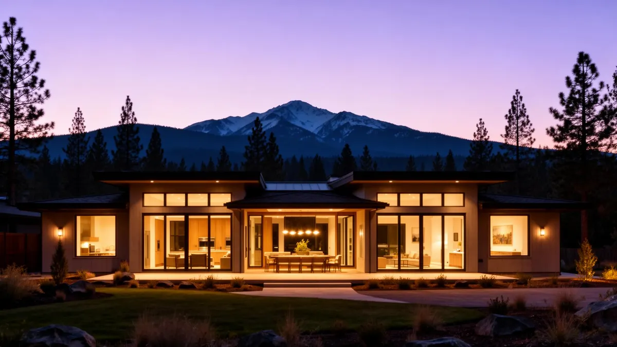 A modern Central Oregon home at dusk, from Velocity Property Management