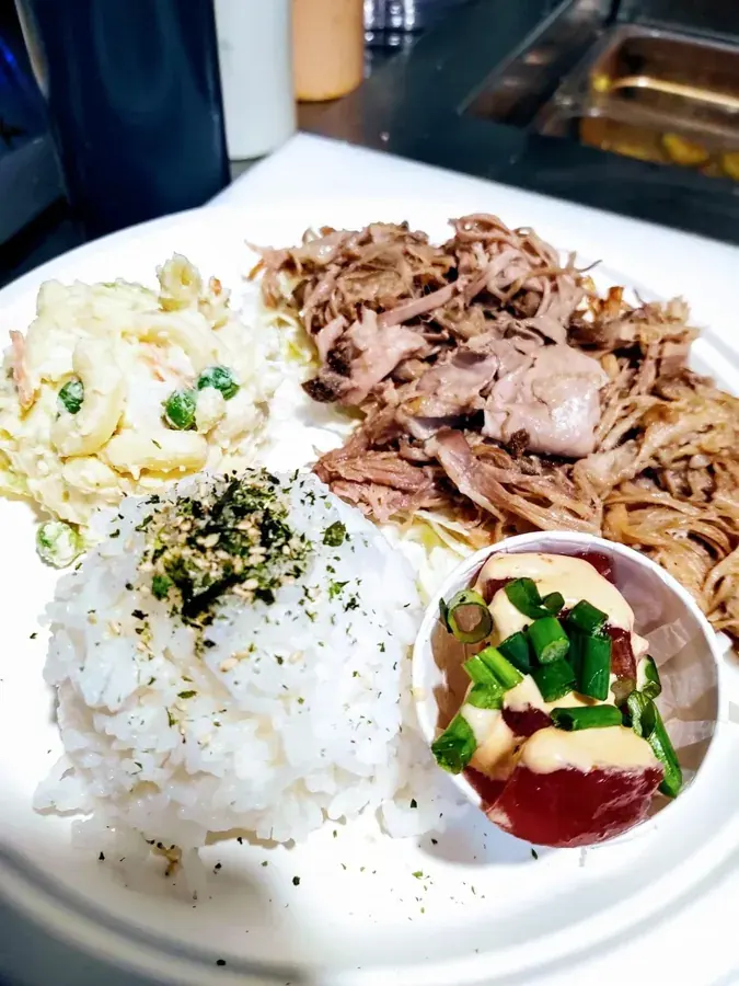 A plate lunch with rice, macaroni salad and meat from Aina Hawaiian Grill in Bend