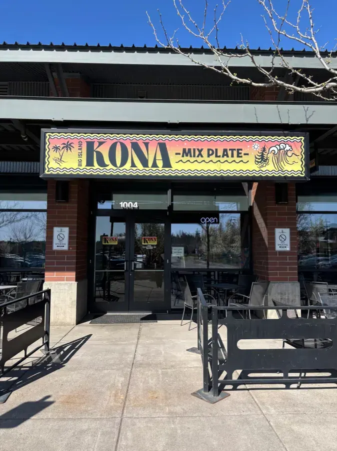 The storefront of Big Island Kona Mix Plate in the Old Mill District, Bend