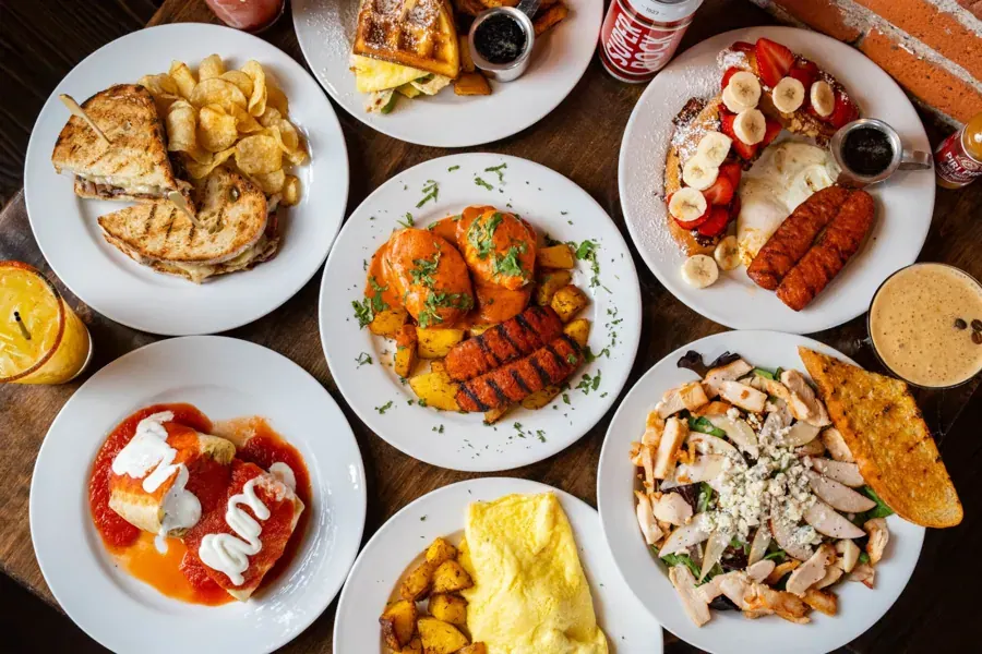 A table full of breakfast plates at Café Sintra in downtown Bend