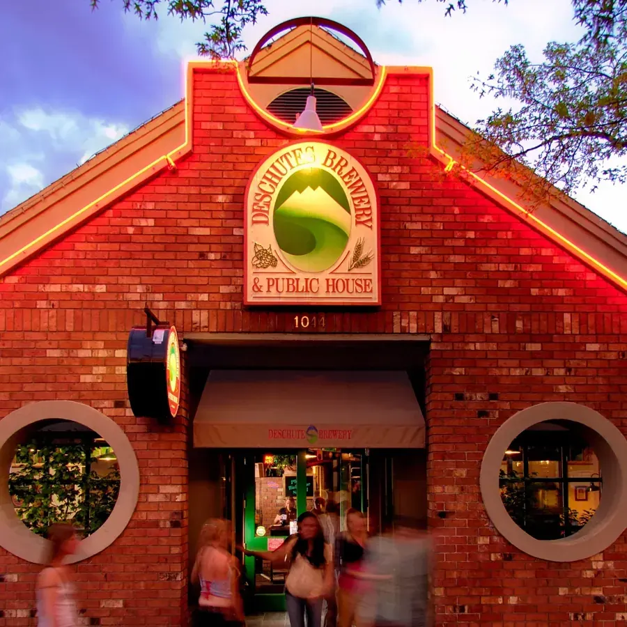The brick front of the Deschutes Brewery Public House on Bond Street in downtown Bend