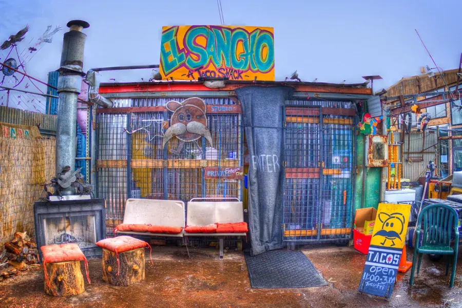 The colorful patio and sign at El Sancho Taco Shop in Bend