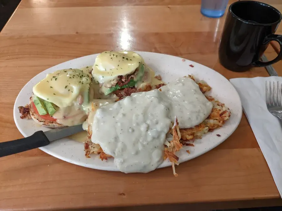 A big plate of biscuits and gravy with eggs at Jake’s Diner in Bend