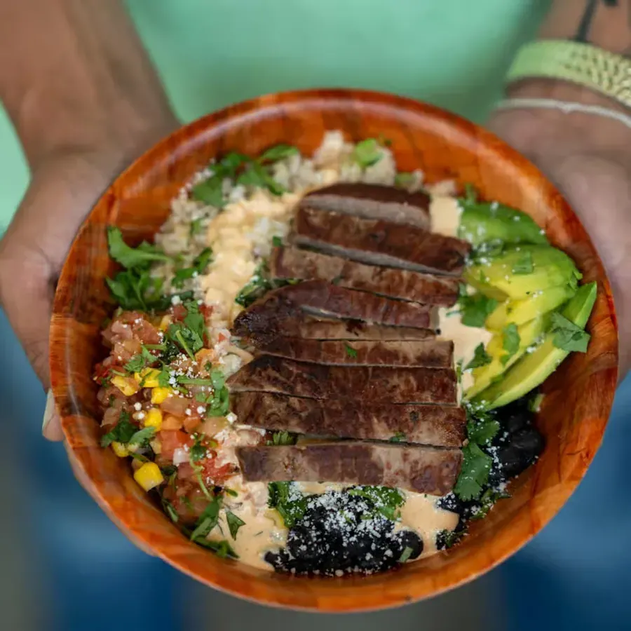 A steak and avocado grain bowl at Life & Time in Bend