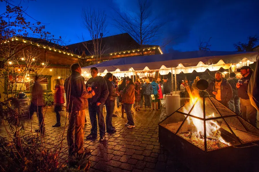 The fire pit courtyard at McMenamins Old St. Francis School in downtown Bend at night