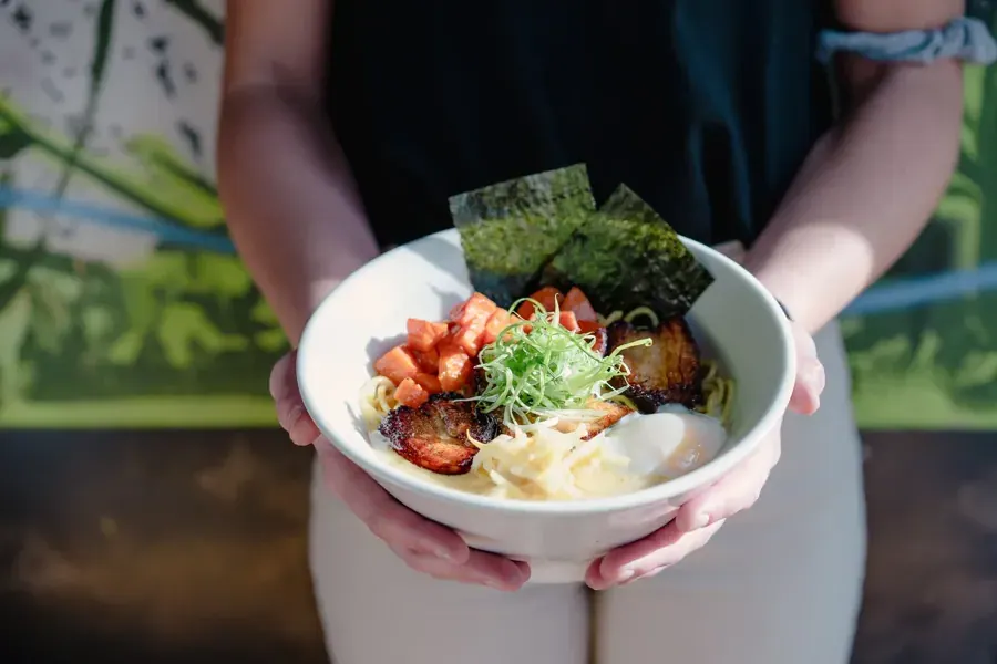 A bowl of ramen with nori and a soft egg at Miyagi Ramen in the Box Factory, Bend