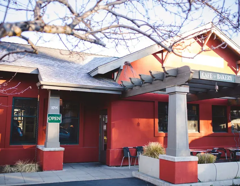 The red bungalow and covered entrance at Nancy P’s Cafe & Bakery on the westside of Bend