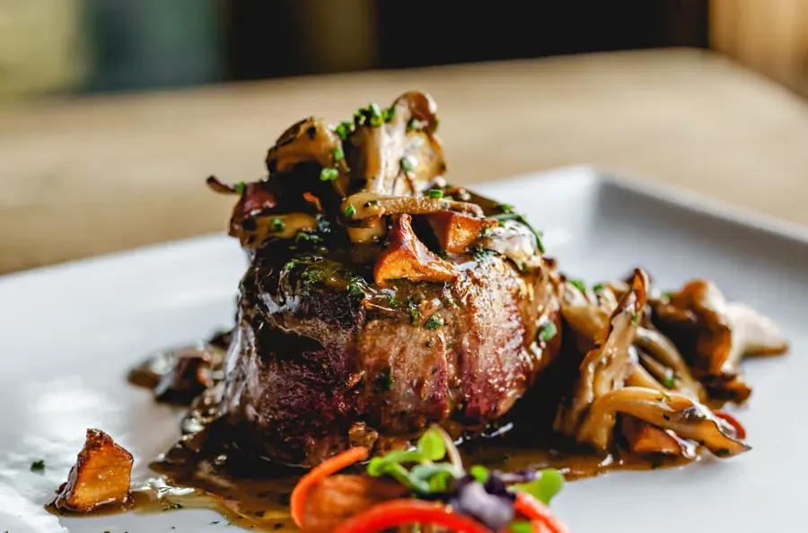 A filet with wild mushrooms at Solomon’s, the restaurant at Tetherow Resort in Bend