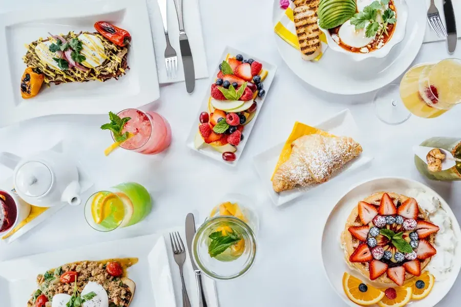 A brunch table of pancakes, fruit and salads at The Lemon Tree in downtown Bend