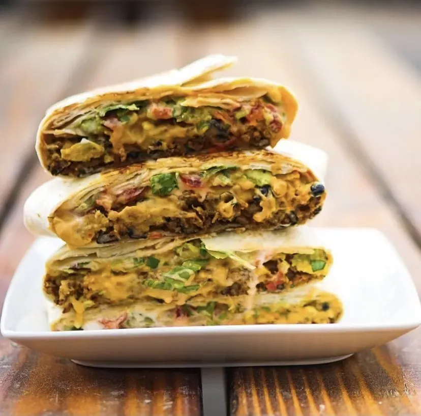 A stack of plant-based crunchwraps from the Toasty food cart at The Podski in Bend