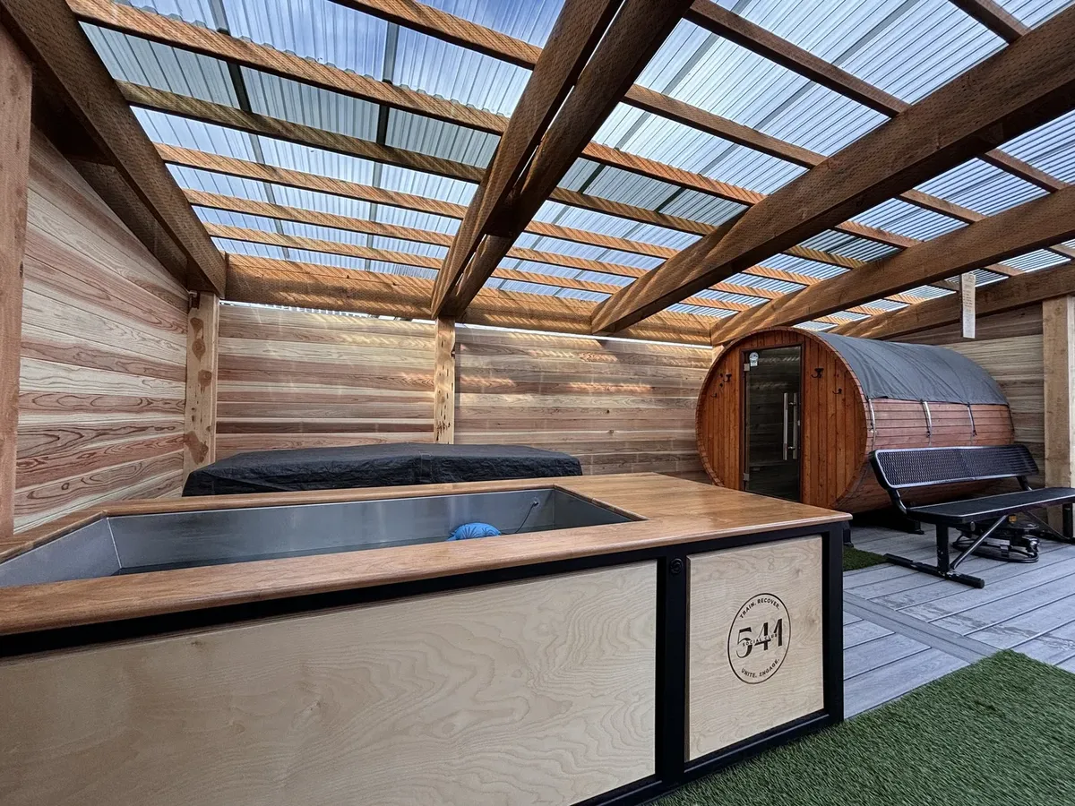 Barrel sauna and cold plunge tub at 541 Social Club in Bend
