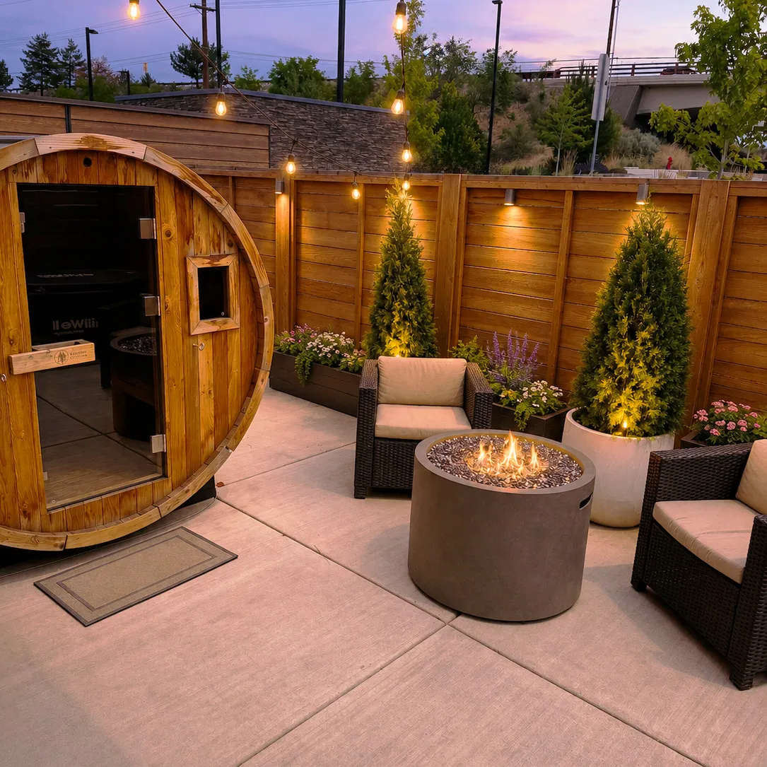 A cedar barrel sauna on the patio at ChillWell with string lights