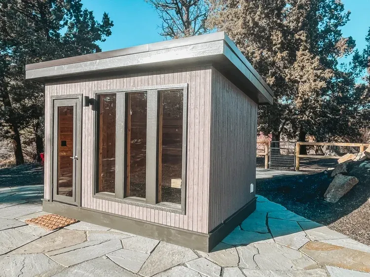 A modern cabin-style custom sauna built by Gather