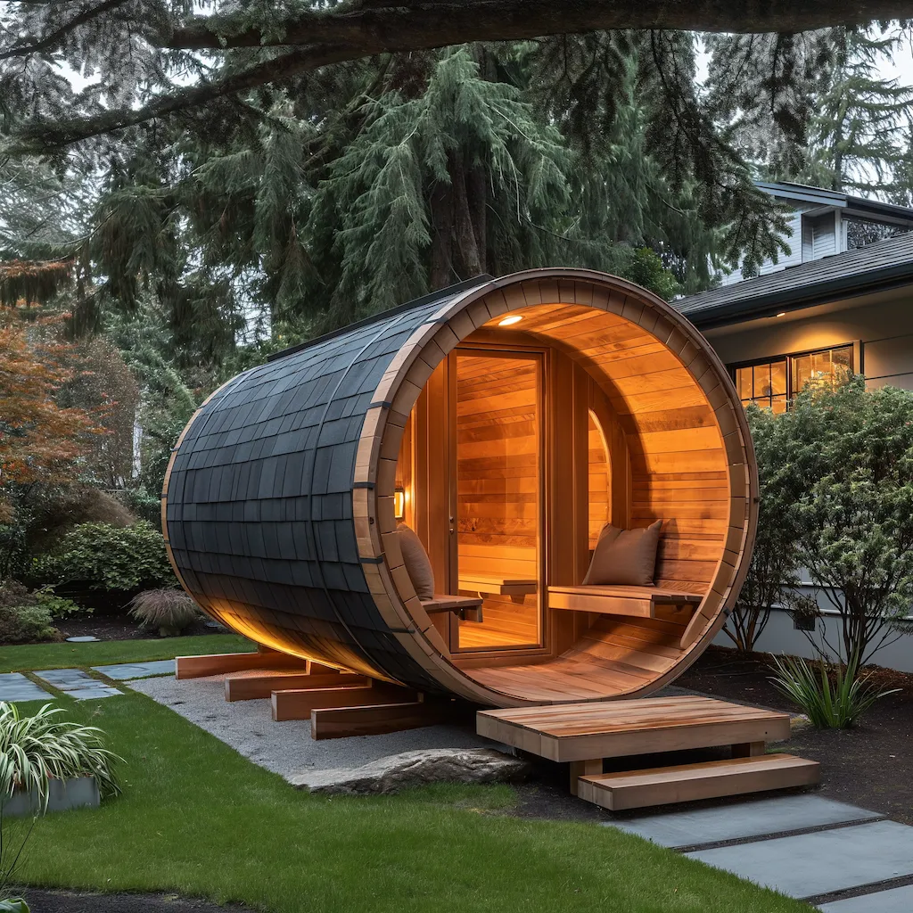 A cedar barrel sauna in a garden