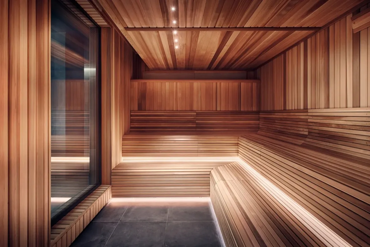 A wood-lined traditional sauna at Redefined Wellness Collective in Redmond