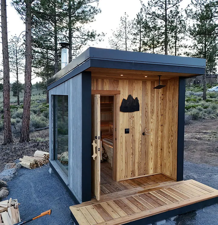 A modern outdoor sauna with a glass front among pines