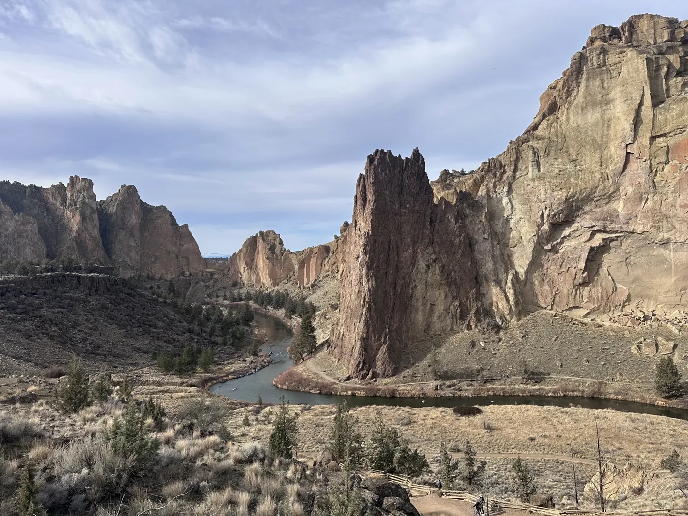 The towering orange cliffs and river bend at Smith Rock State Park