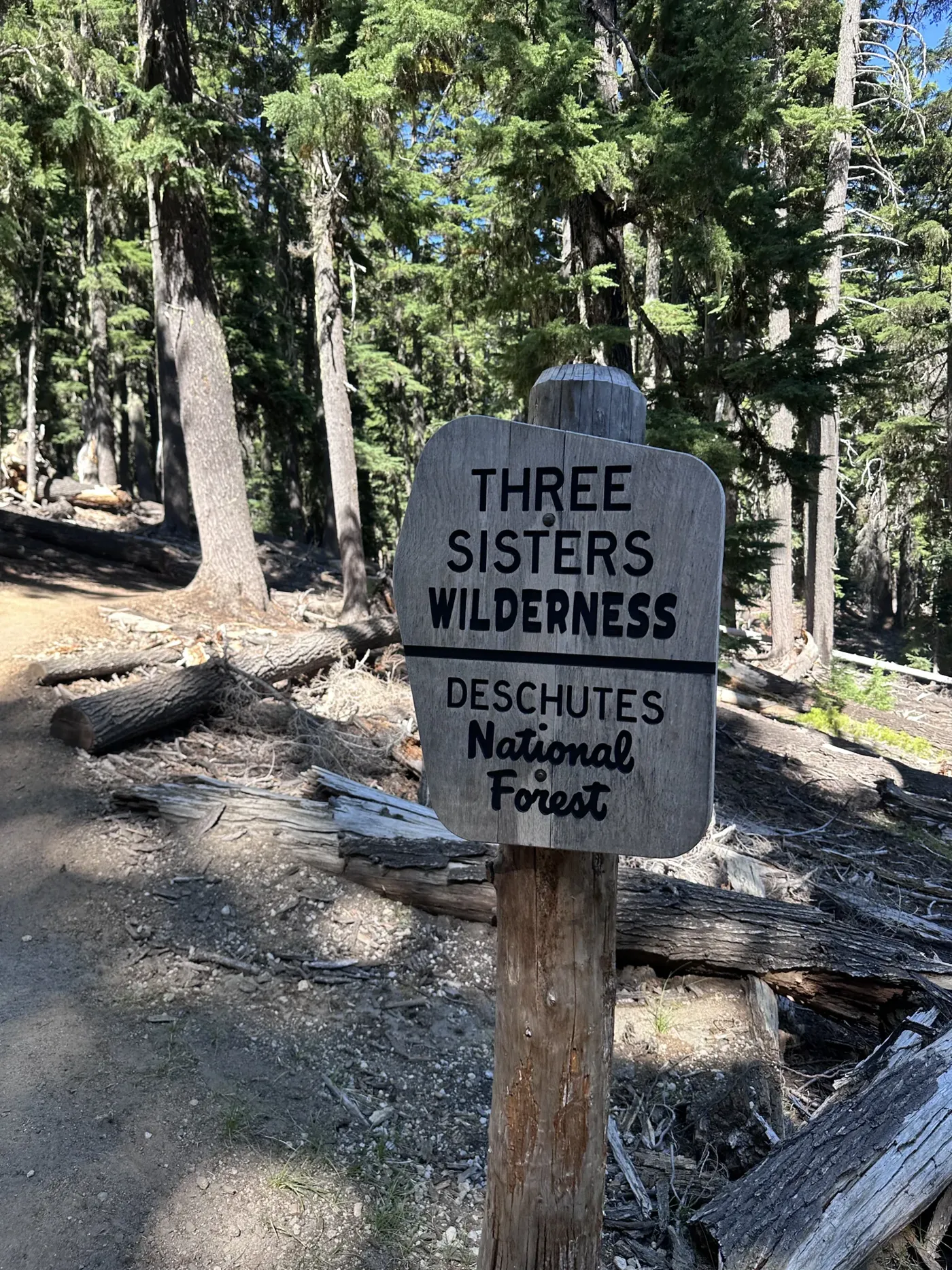 The Three Sisters Wilderness sign at a trailhead in the pines
