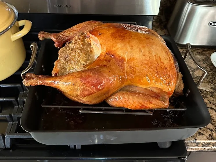 A stuffed roast turkey fresh out of the oven