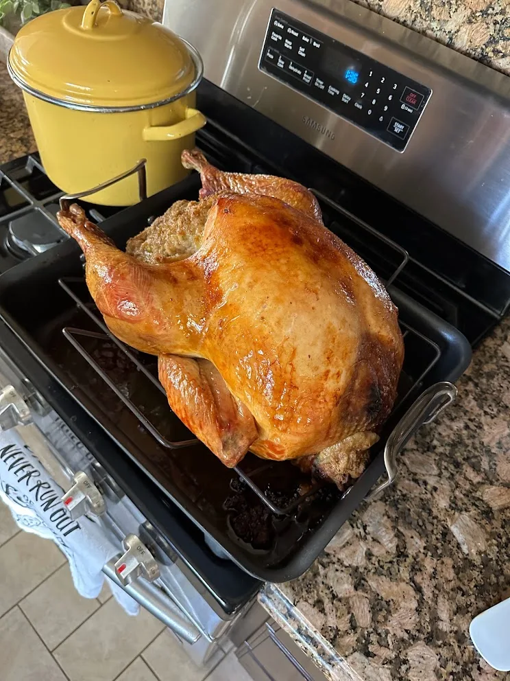 A golden roast turkey on a rack in a roasting pan