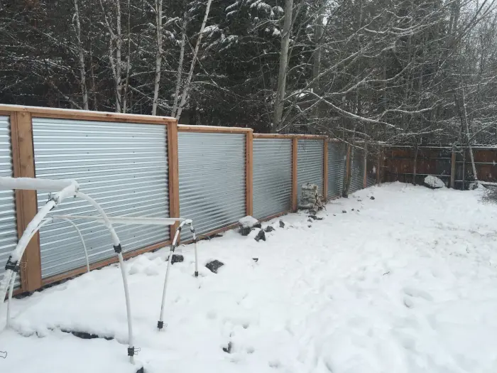 A wood-framed corrugated metal privacy fence along a snowy backyard