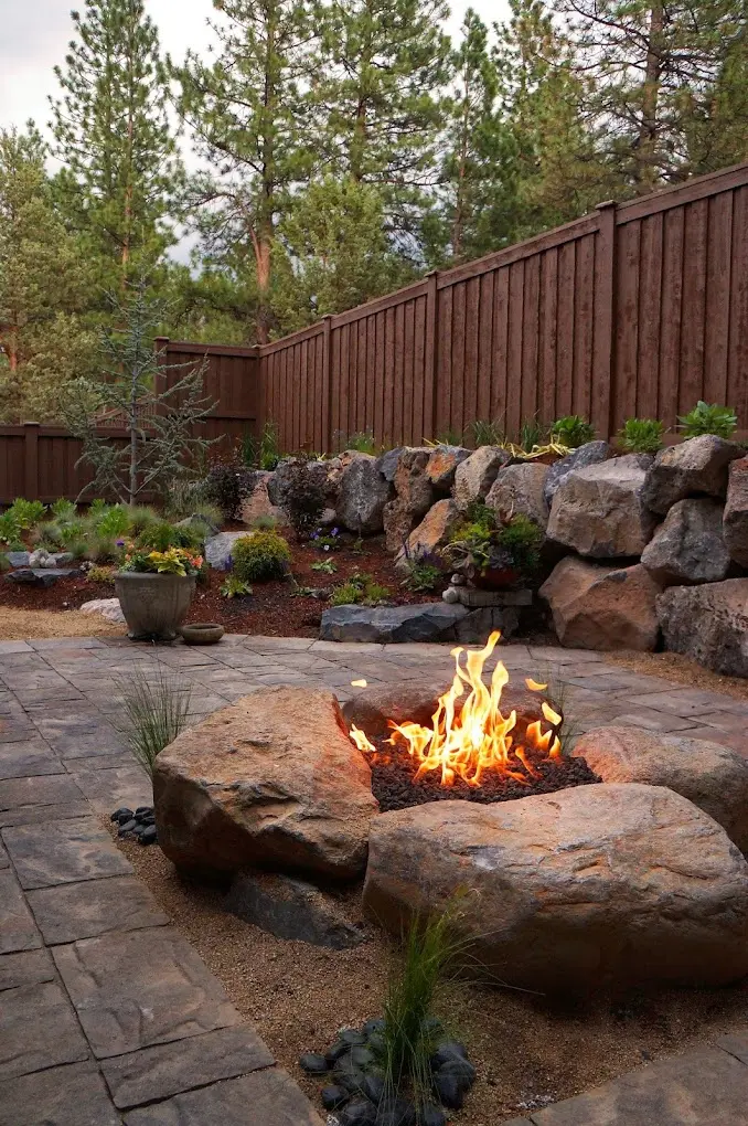A gas fire pit burning in a boulder ring on a new paver patio, with a basalt boulder wall and a cedar fence behind